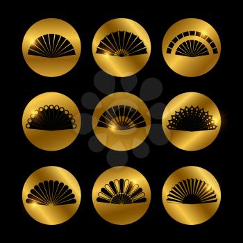 Golden icons with vector hand fans black silhouette of set illustration