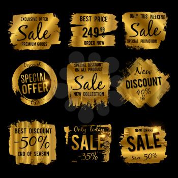 Golden discount and price tag, sale banners with grunge brushed frames and distressed textures vector set. Luxury sale labels design. Discount price label banner, offer grunge illustration