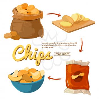 Info poster about potato chips. Vector cartoon shacks isolated on white background. Illustration of snack potato chip, crunchy delicious unhealthy