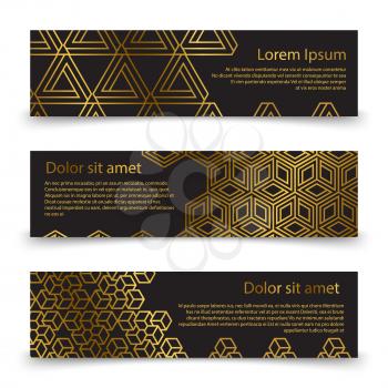 Luxury horizontal banners template with golden geometric shapes. Vector illustration