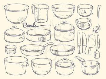 Doodle cooking equipment and kitchen utensils. Hand drawn vector kitchenware isolated. Bowl and pot, glass for cooking illustration