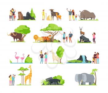 Happy families, kids with parents and wild zoo animals in wildlife park. Vector cartoon set isolated on white background. Illustration of giraffe and bird, bear and panther