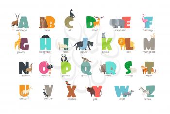 Cartoon wild animals kids alphabet for children studying english. Education vector background. Abc letter wildlife, giraffe and hedgehog, flamingo and elephant illustration