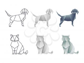 Set of vector japanese origami cat and dog isolated on white background illustration