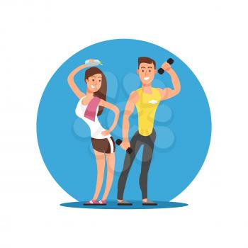 Fitness motivation emblem design. Cartoon character cheerful girl and boy with sport equipment. Flat icon, vector illustration