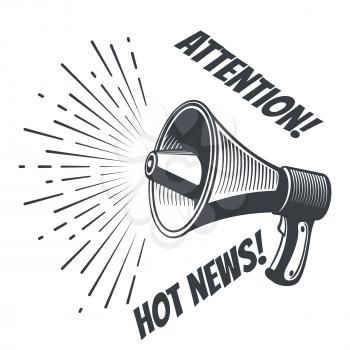 Hot news attention poster with retro megaphone and sunburst. Vector illustration