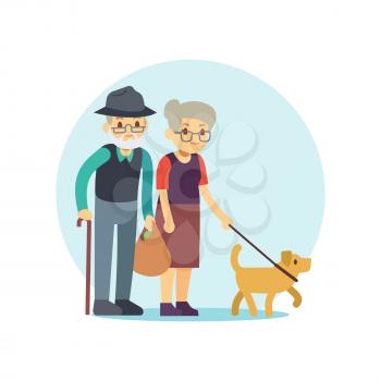 Old couple walking with cute dog. Eldery family cartoon character. Vector illustration