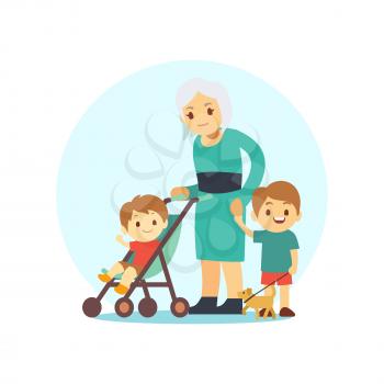 Old woman kids and puppy cartoon characters. Grangma walking with grandsons and dog. Vector illustration