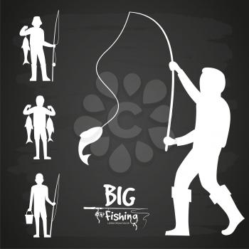 White fisherman silhouette of set isolated on black vector design illustration