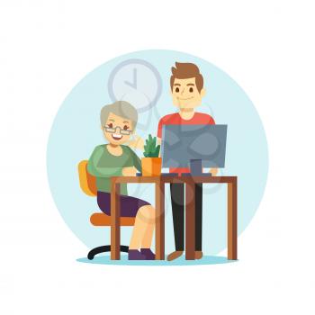 Young man and old woman computer. Grangma and grandson and modern technologies. Vector illustration