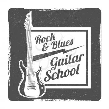 Guitar school grunge logo vector design illlustration isolated on white
