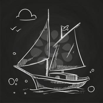 Hand sketched boat on blackboard. White chalk vector sailboat in ocean doodle illustration