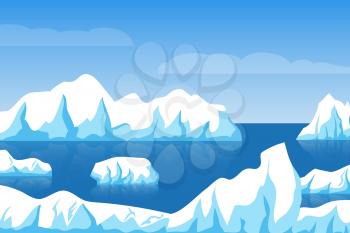 Cartoon winter polar arctic or antarctic ice landscape with iceberg in sea vector illustration. Ice berg in ocean, glacier arctic illustration