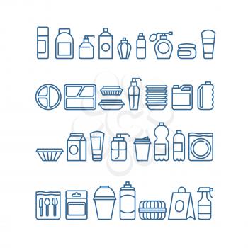 Plastic product package, disposable tableware, food containers, cups and plates line vector icons. Plate and cup, container plastic illustration