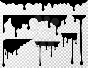 Black dripping oil stain, liquid drips or paint current vector ink silhouettes isolated. Illustration of ink splash, splatter drop