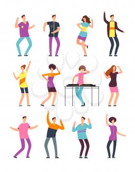 Young funny men and women dancing at summer party. Friendly people in vacation. Vector cartoon characters isolated. Female and male party celebration and dance illustration