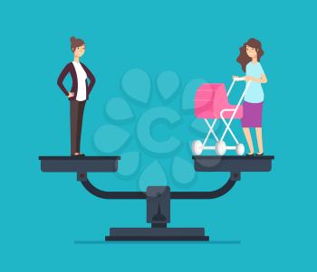 Successful woman standing on scales, choosing between career and family. Business vector concept famil or, career, balance business and life illustration