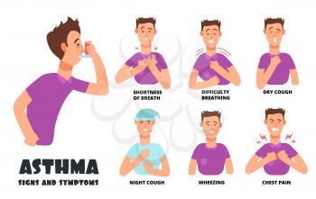 Asthma symptoms with coughing cartoon person. Asthmatic problems vector infographic. Illustration of medical disease, shortness breathing, cough and wheezing