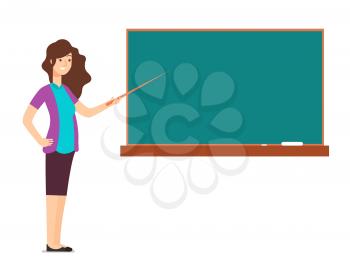 Cartoon teacher woman at blackboard teaching children in school classroom vector illustration. Education chalkboard for class room and lesson
