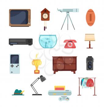 Second hand clothes, vintage goods from flea market vector set isolated on white background. Objects antique, for market garage, telescope and phone, aquarium and lamp, vcr device illustration