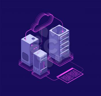 Network hosting solutions, datacenter with services, website administrative support vector isometric concept. Illustration of computer database system cloud