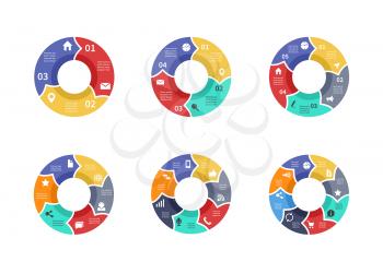 Circle graphic, pie diagrams, round charts with icons, options, parts, steps, process sectors vector set. Circular step and pie round order sector connected illustration