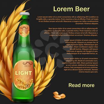 Realistic beer bottle and rye background or web page design. Vector illustration