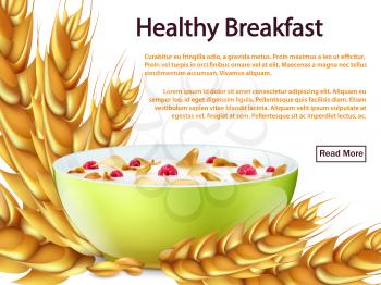 Healthy breakfast banner or background or web page vector concept with realstic objects - bowl, cereals, cornflakes illustration