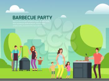 Barbeque party banner design. Cartoon character families in park vector illustration