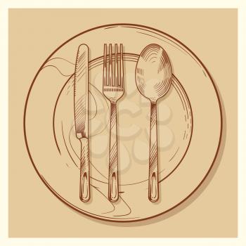 Hand sketched vintage cutlery and plate for restaurant menu design vector illustration