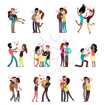 Happy young interracial couples in love collection vector cartoon characters illustration