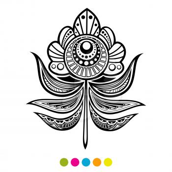 Abstract floral feather vector illustration. Black and white flower coloring page