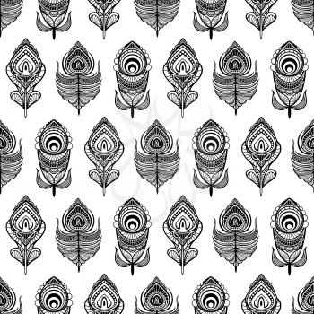 Black and white mandala feathers seamless pattern for print, textile, wallpaper. Vector illustration
