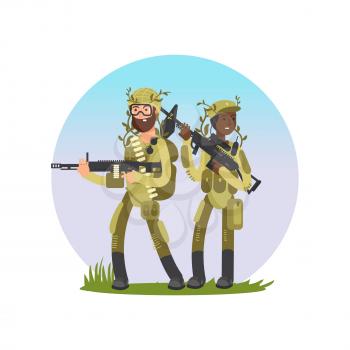 Male and female soldiers cartoon character design isolate on white. Vector illustration
