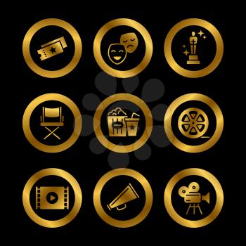 Golden hollywood movie, theater performance and entertainment vector icons illustration