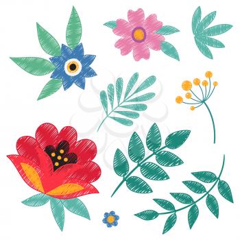 Hand embroidery ethnic floral elements isolated on white background. Vector illustration