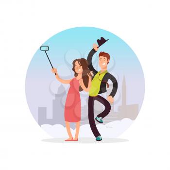 Happy couple making selfie. Cartoon character man and woman making photo isolated on white. Vector illustration