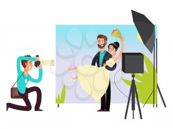 Wedding photo session in studio with newlyweds cartoon characters. Vector illustration