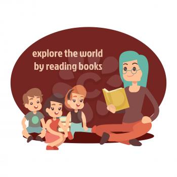 Young teacher and happy kids reading book. Explore the world by reading the books cartoon banner design. Vector illustration