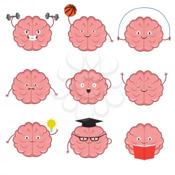 Strong, healthy, sports and smart brain vector cartoon characters set. Sport brain, workout and fitness exercise, intelligence mind train illustration
