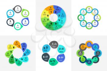 Circle infographic, chart, diagram, process workflow vector template. Business Pie chart with 3 4 5 6 7 8 options, sections, steps. Circle pie layout infographic illustration