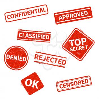 Top secret, rejected, approved, classified, confidential, denied and censored red grunge business stamps isolated on white background. Vector print vintage, imprint denied rubber stamp illustration