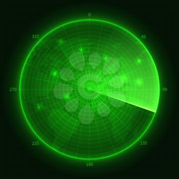 Green radar. Navy submarine sonar with aims. Navigation screen vector illustration. Military sonar screen, radar monitor digital system scanner