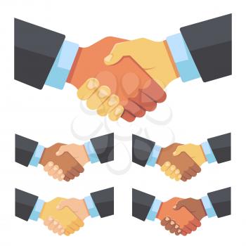 Handshake of businessmen of different races. Business team, agreement and big deal vector flat concept. Black and white hand partnership illustration