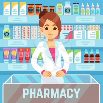 Happy young woman pharmacist sells medications in pharmacy interior. Pharmacology and healthcare vector concept. Medical shop and store, pharmaceutical drugstore illustration