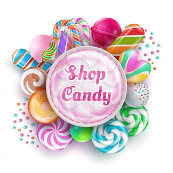 Candy shop background with sweet realistic candies, sweets, caramel, rainbow lollipops and cotton candy. Vector illustration. Snack bonbon colorful, spiral lolly