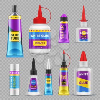 Glue sticks. Adhesive super glue tubes and bottles. Realistic isolated vector set of glue tube and bottle illustration