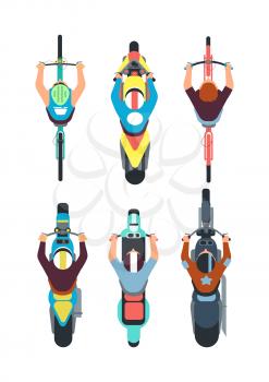 People on bike top view. Persons ride motorcycle, scooter and bicycle in overhead view. Vector set of scooter and bike speed illustration