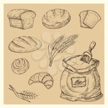 Hand drawn bread, rolls, drawing croissant, meal vector set illustration