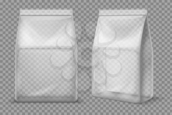 Plastic snack bag. Transparent food blank sachet. 3d vector package isolated mockup. Illustration collection of sachet bag, pack blank, plastic package for food